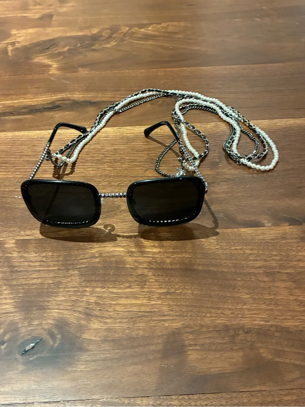 Chanel Women's Black Beaded Square Sunglasses with Chain